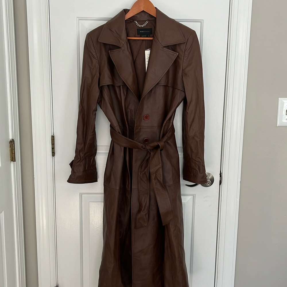 BCBG MaxAzria women’s brown leather trench.  New.